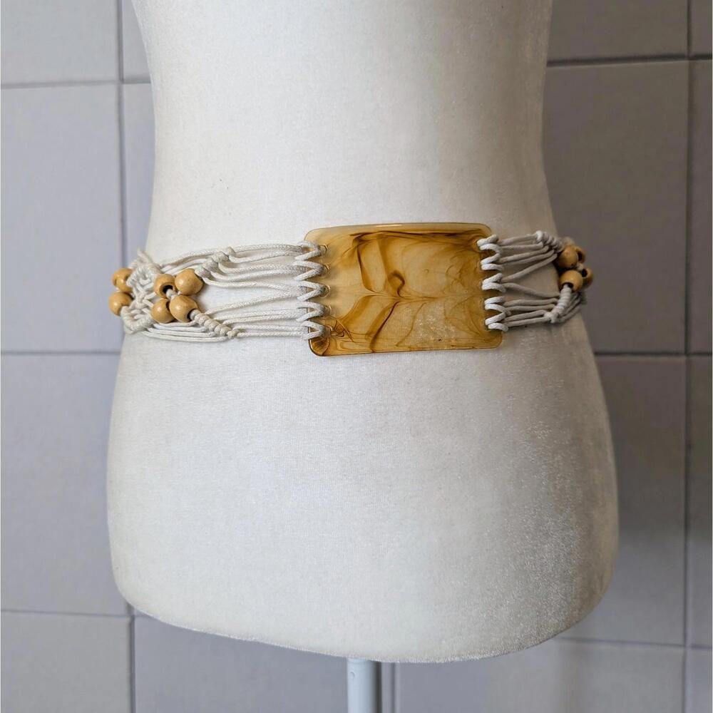 Vintage macrame beaded tie belt w/ marbled resin accent